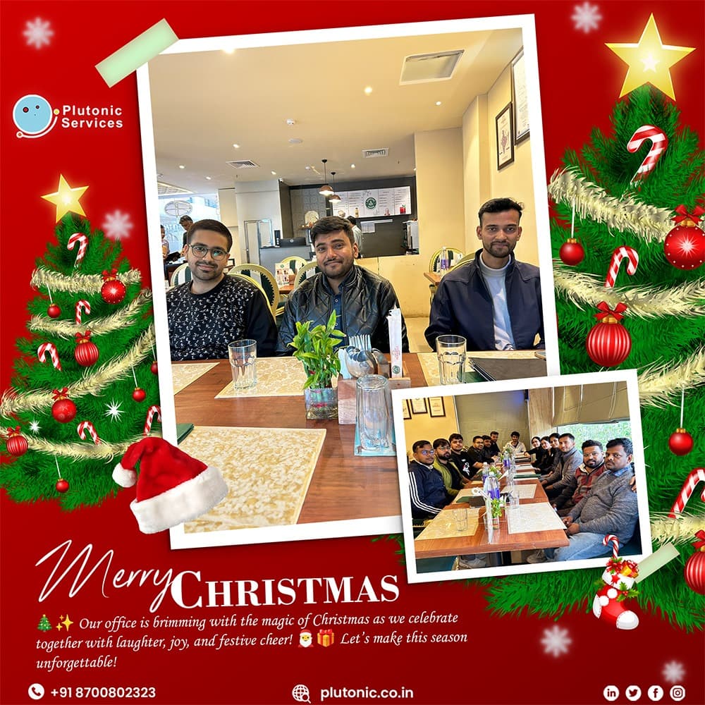 Merry Christmas graphic with Plutonic team dinner photos